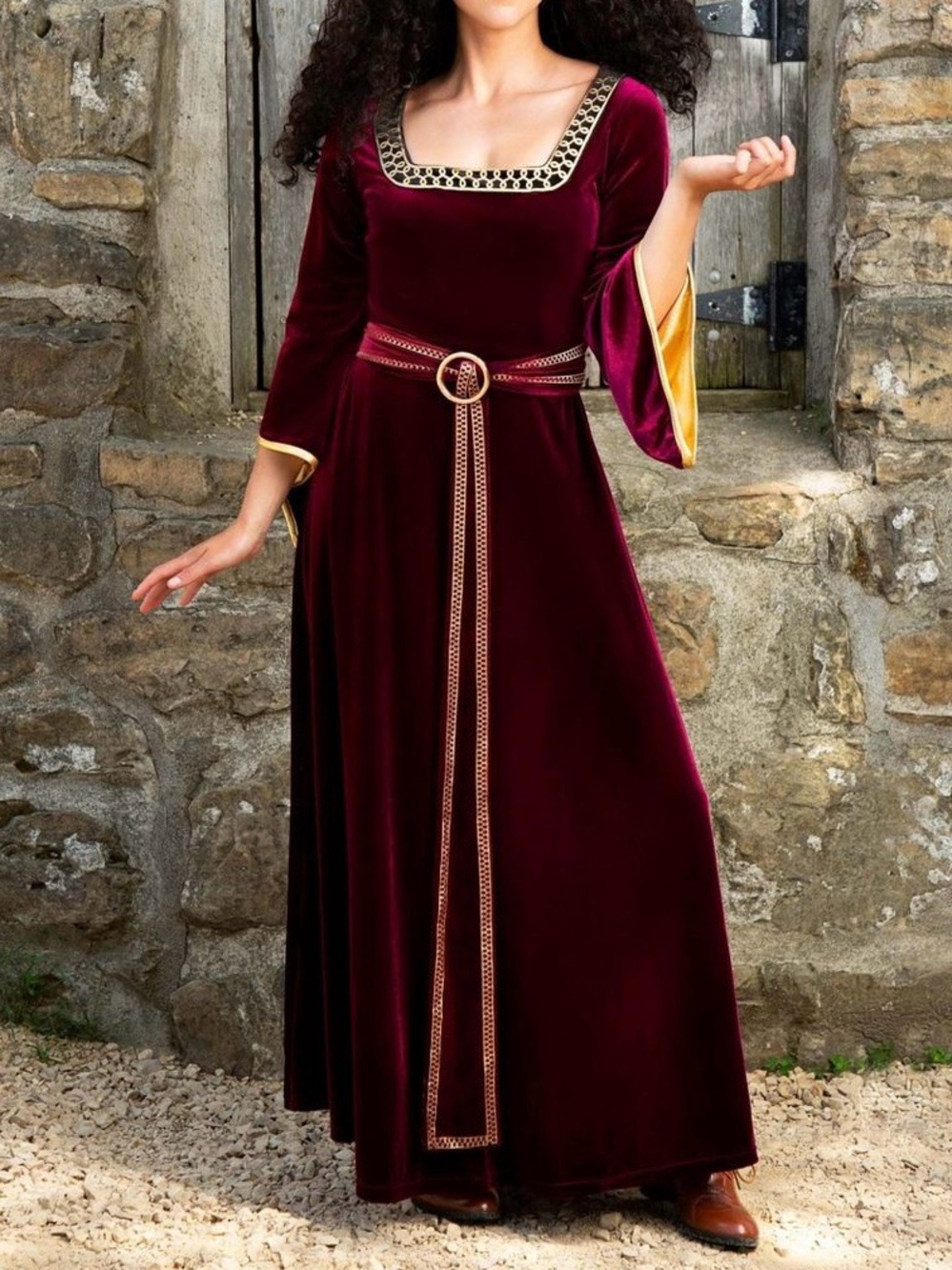 Disney | Mother Gothel Tangled Maroon Red Velvet Maxi Costume Dress with Belt